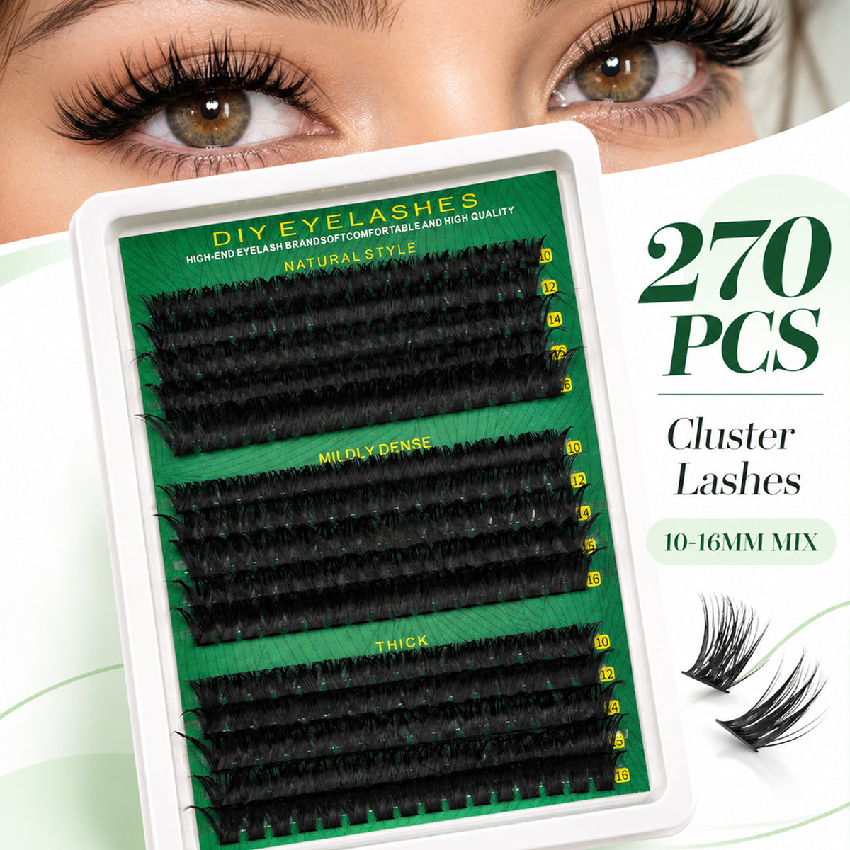 DIY Cluster Eyelash Extensions 270PCS 10–16mm Mix D Curl Soft Natural Wispy Fluffy Volume Lash Clusters Single Cluster Eyelashes for Eyelash Extension No Glue No Tweezers No Box Included Lightweight Reusable for Beginners Daily Makeup Cosmetic Kit